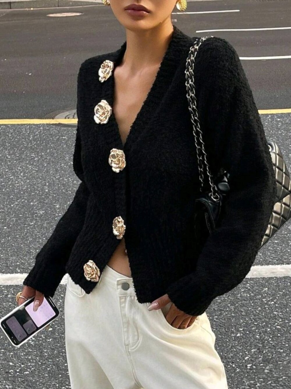 Women's V-Neck Rose Pattern Button-Up Cardigan, Autumn School